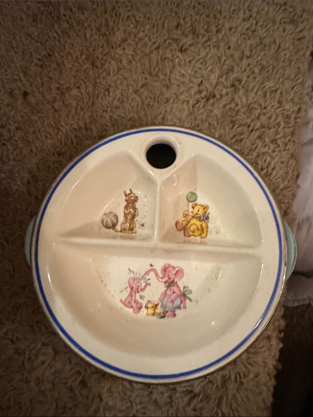 Kids Divided Ceramic Plate with Blue Trim and Animal Illustrations